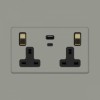 Primed Paintable 13A 2 Gang Super Fast Charge 45W USB A+C Socket with Brushed Brass Switch with Black Insert