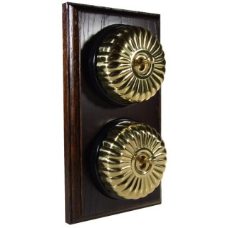 2 Gang 2 Way Dark Oak, Fluted Polished Brass Dome Period Switch