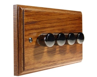 Classic Wood 4 Gang 2Way Push on/Push off LED Dimmer in Medium Oak with Black Nickel Dimmer Caps