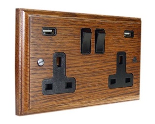 Classic 2G USB Charging Socket in Solid Medium Oak with Black insert