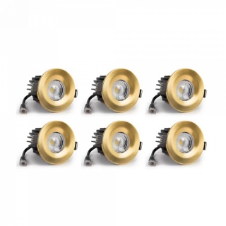 6 Pack - Brushed Gold LED Downlights, Fire Rated, Fixed, IP65, CCT Switch, High CRI, Dimmable
