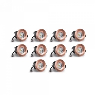 10 Pack - Brushed Copper LED Downlights, Fire Rated, Fixed, IP65, CCT Switch, High CRI, Dimmable