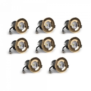 8 Pack - Polished Brass LED Downlights, Fire Rated, Fixed, IP65, CCT Switch, High CRI, Dimmable