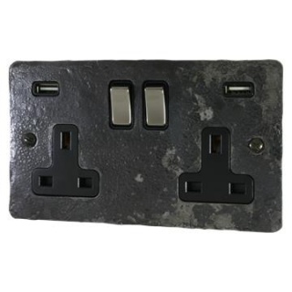 Flat Rustic Double Socket with USB (Black Nickel Switches)