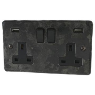 Flat Rustic Double Socket with USB (Black Switches)
