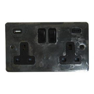 Flat Rustic Double Socket with USB (USB-A and USB-C/Black Switches)