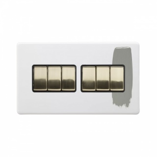 Primed Paintable 6 Gang 2 Way 10A Light Switch with Brushed Brass Switch with Black Insert