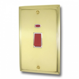 Victorian Polished Brass 45A DP Switch with Neon (White Insert/Vertical Plate)