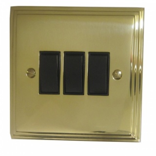 Victorian Polished Brass Light Switch (3 Gang/Black Switches)