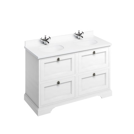 Freestanding 130 Unit with Carrara White Worktop, Drawers & 2 Integrated White Basins
