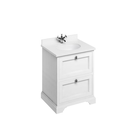 Freestanding 65 Unit with White Worktop, 2 Drawers and Integrated White Basin