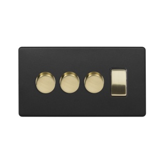 Fusion Matt Black & Brushed Brass 4 Gang Switch with 3 Dimmers (3x150W LED Dimmer 1x20A Switch)