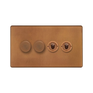 Antique Copper 4 Gang Switch with 2 Dimmers (2x150W LED Dimmer 2x20A 2 Way Toggle)
