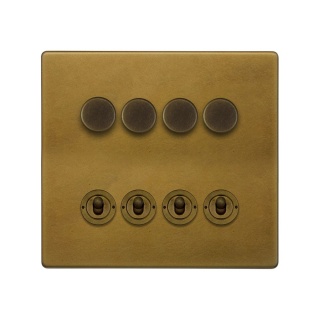Old Brass 8 Gang Dimmer & Toggle Combo 4x150W LED Dimmer 4x20A Toggle