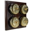4 Gang 2 Way Dark Oak Wood, Fluted Polished Brass Dome Period Switch