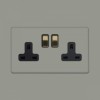 Primed Paintable 2 Gang Socket 13A Double Pole with with Brushed Brass Switch with Black Insert