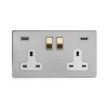 Brushed Chrome And Brushed Brass 13A 2 Gang DP USB Socket (USB 4.8amp) White Inserts Screwless