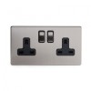 Brushed Chrome 2 Gang Double Pole Socket Black Insert 13A - Satin Steel - Sockets & Switches