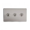 Brushed Chrome 3 Gang Intermediate Toggle Switch Screwless - Satin Steel - Sockets & Switches