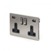 Brushed Chrome 2 Gang Double USB Socket with Black Insert - Satin Steel - Sockets & Switches