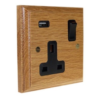 Classic 1G USB Charging Socket in Solid Oak with Black insert.