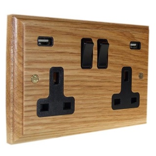 Classic 2G USB Charging Socket in Solid Oak with Black insert