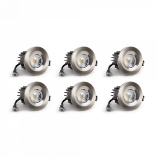 6 Pack - Brushed Chrome LED Downlights, Fire Rated, Fixed, IP65, CCT Switch, High CRI, Dimmable
