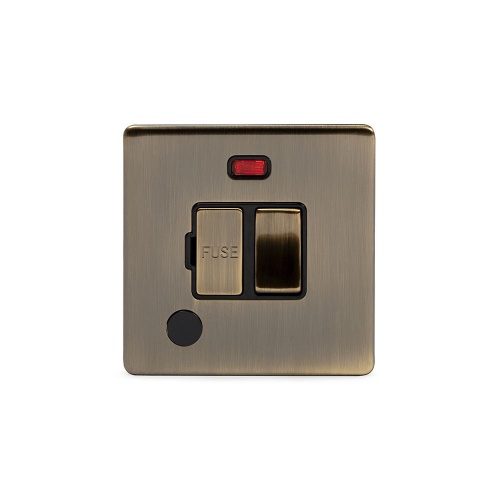 Aged Brass 13A Switched Fused Connection Unit (Fcu) Flex Outlet With Neon Blk Ins Screwless