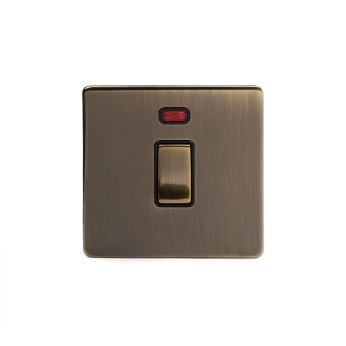 Aged Brass 20A 1 Gang Double Pole Switch With Neon Blk Ins Screwless