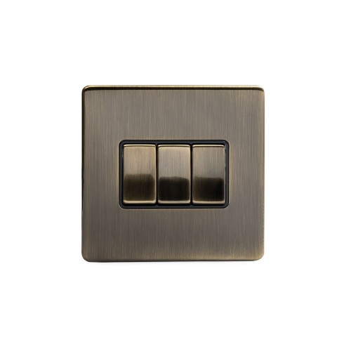 Aged Brass 3 Gang Intermediate Switch Blk Ins Screwless