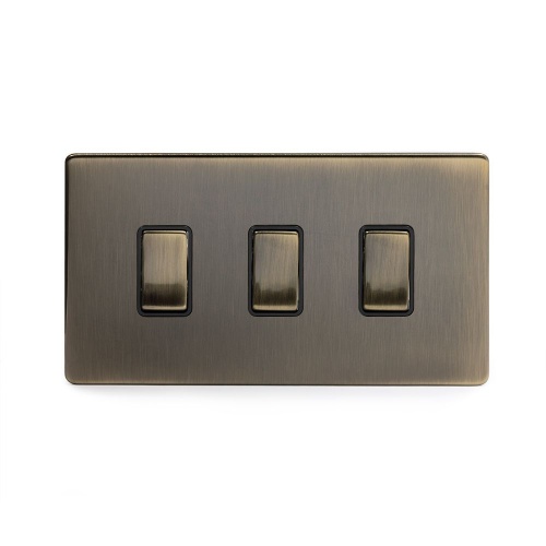 Aged Brass 3 Gang Switch Double Plate Screwless