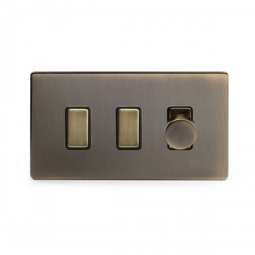 Aged Brass 3 Gang Light Switch With 1 Dimmer Blk Ins Screwless