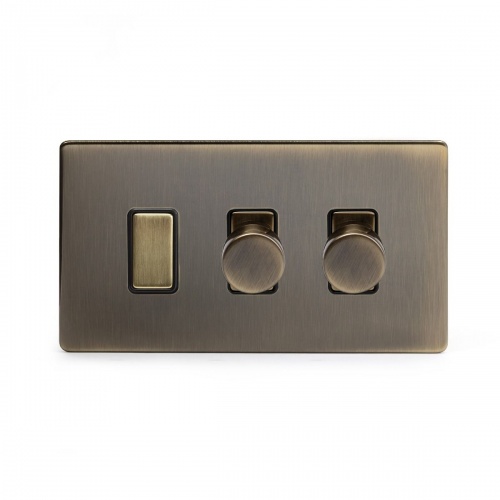 Aged Brass 3 Gang Light Switch With 2 Dimmers Screwless