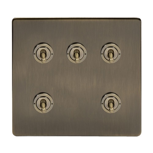 Aged Brass 5 Gang Toggle Light Switch 20A 2 Way Screwless