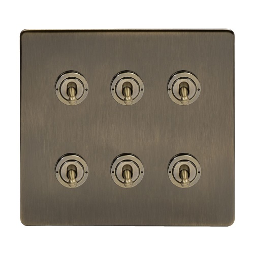 Antique Brass 6 Gang Toggle Light Switch 20A 2 Way Screwless