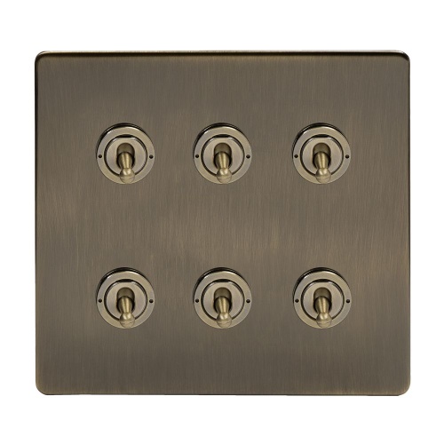 Aged Brass 6 Gang Toggle Light Switch 20A 2 Way Screwless