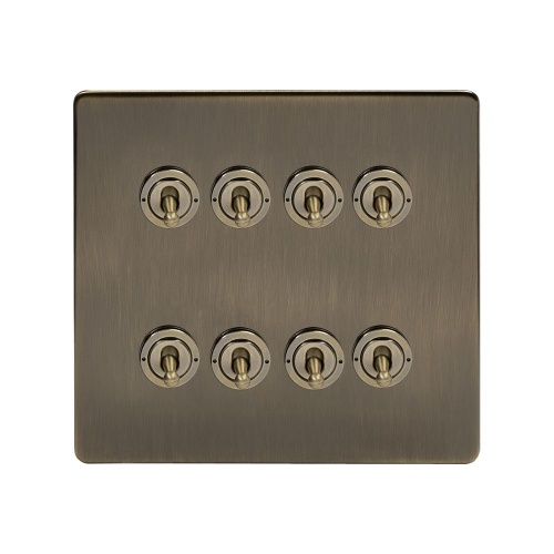 Aged Brass 8 Gang Toggle Light Switch 20A 2 Way Screwless