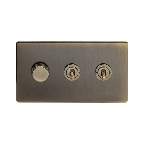 Aged Brass 3 Gang Switch With 1 Dimmer