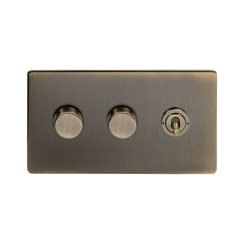 Aged Brass 3 Gang Switch With 2 Dimmers