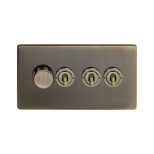 Aged Brass 4 Gang Switch With 1 Dimmer