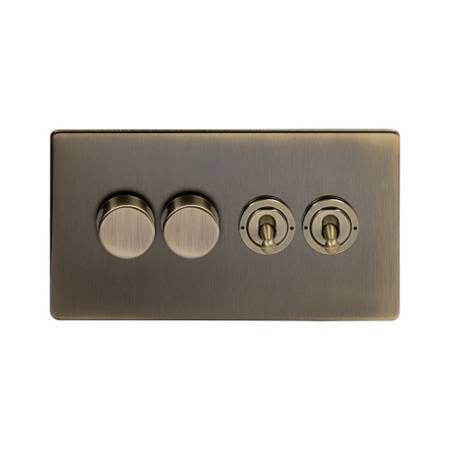 Aged Brass 4 Gang Switch With 2 Dimmers