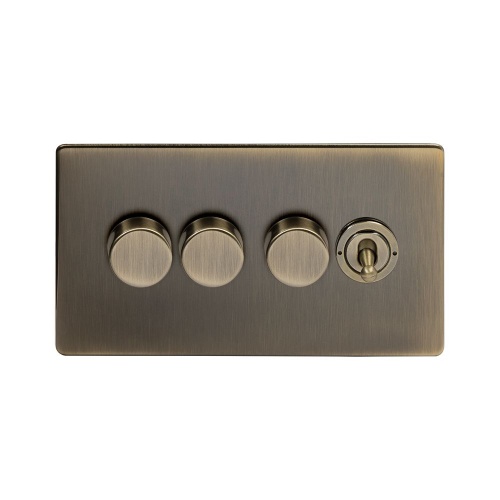 Aged Brass 4 Gang Switch With 3 Dimmers