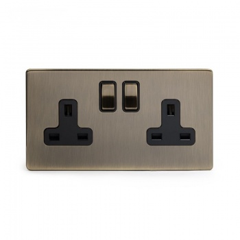 Aged Brass 2 Gang Double Pole Socket with Black Insert 13A