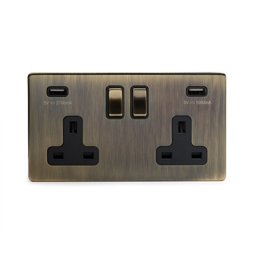 Aged Brass 2 Gang 3.1 Amp Usb Socket With Black Insert