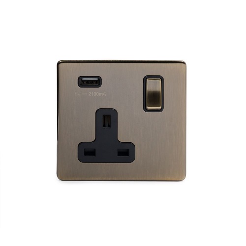 Aged Brass 13A 1 Gang Double Pole Switched Usb Socket