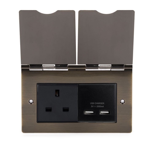 Aged Brass Screwless Double Floor Outlet 13Amp Socket & Usb Charger