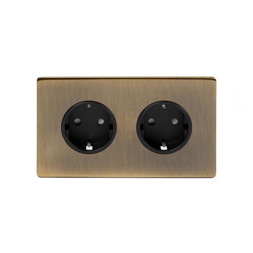 Aged Brass 16A 2 Gang Euro Socket Blk Ins Screwless