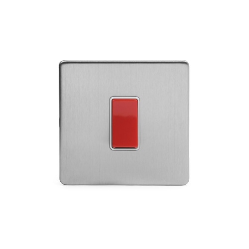 Brushed Chrome Luxury 45A 1 Gang Double Pole Switch, Single Plate with White Insert