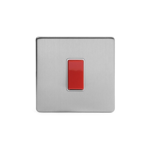 Brushed Chrome Luxury 45A 1 Gang Double Pole Switch, Single Plate with White Insert