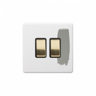 Primed Paintable 2 Gang Intermediate Switch 10A with Brushed Brass Switch with Black Insert